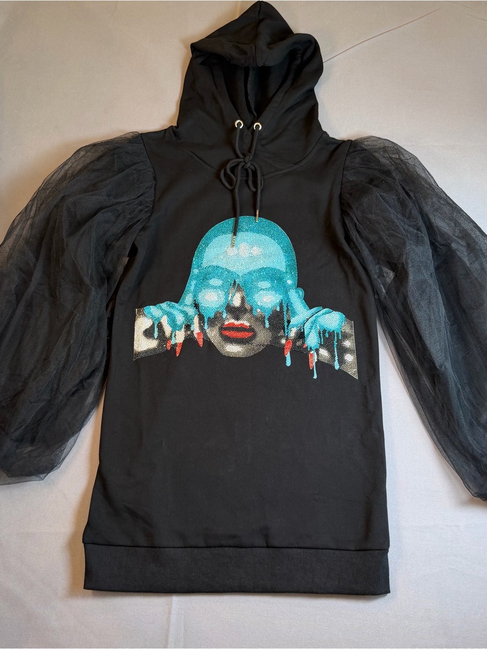 Akira Womens szM Black Hoodie Dress with Rhinestone Graphic & Tulle Puff Sleeves